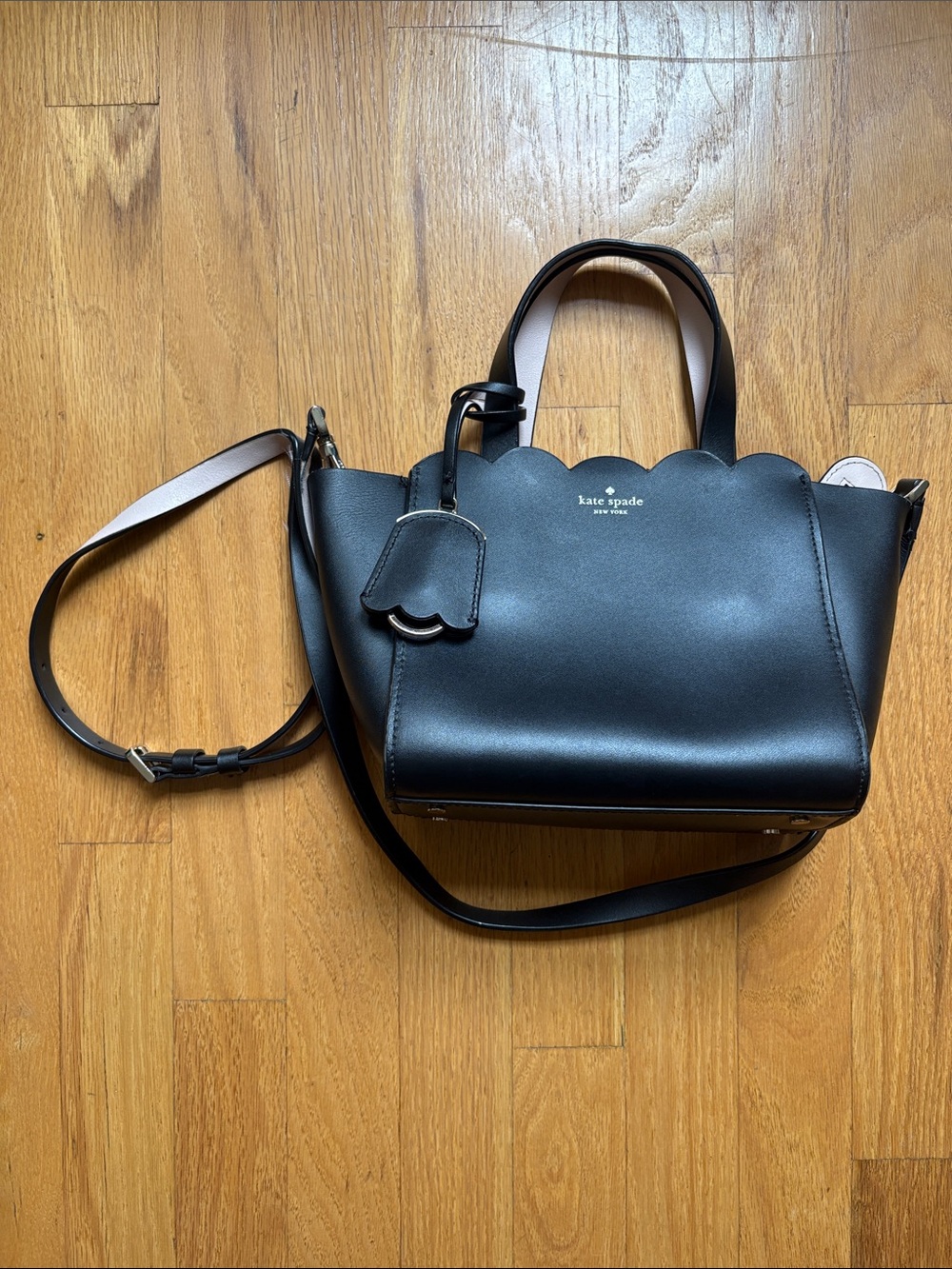 kate spade Black Scallop-Trim Leather Satchel with Crossbody Strap